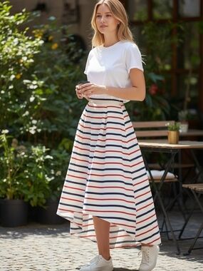 Women's White High-Low Stripe Maxi Skirt - Navy & Red